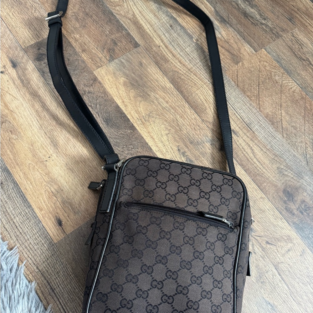 Gucci Brown Monogram Messenger Bag with Black Strap